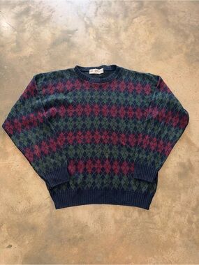 Vintage Sun River Argyle Sweater Medium Made in USA Cotton Blend